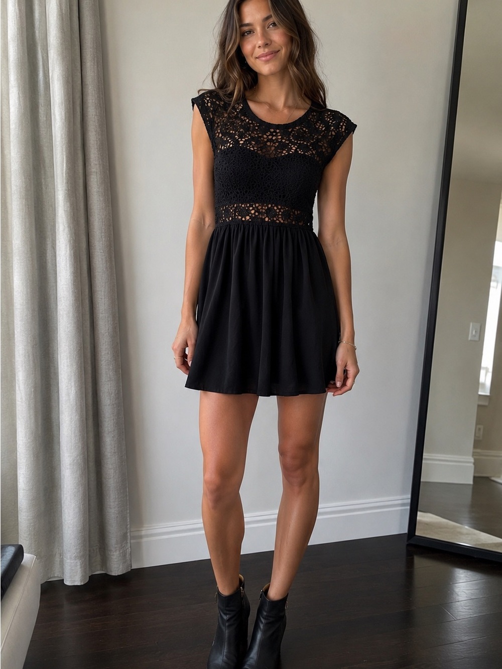 Nightcap c Carisa Rene Isabel Black Mini Dress with Crochet Bodice